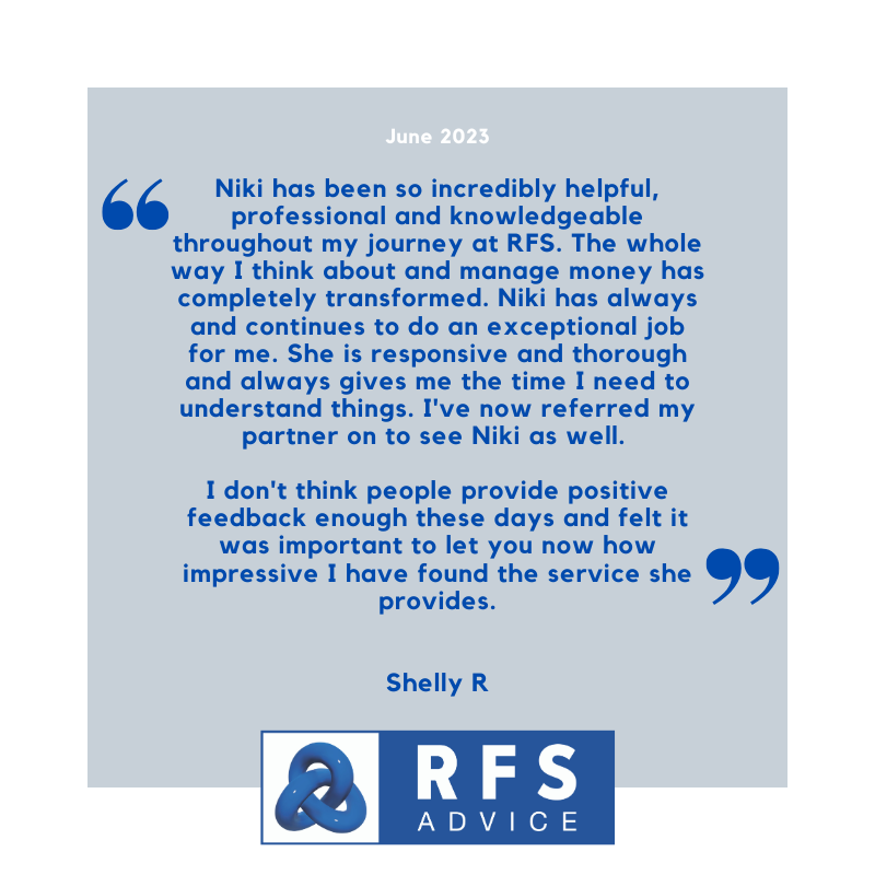 We've received another fabulous testimonial for  <a href="/RFSAdvice/">RFS Advice</a> adviser, Niki Baxter. If you would like to know more about Niki and her contribution to the world of advice, you can read her bio here: rfsadvice.com/about-us/
#financialadvice #financialplanning