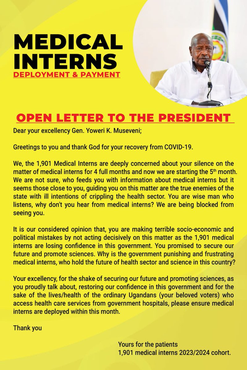 SolomonAdupa2's tweet photo. HE @KagutaMuseveni hears and comments about everything going on in the country except the issue of
#DeployMedicalInterns with Pay.

His silence is so loud https://t.co/8cR1Eo2d0x