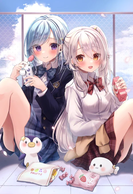 星宮汐様の誕生日グッズのイラストを描かせていただきました!仲良しのお二人のイラストが描けて嬉しいです屋上でまったり休憩 