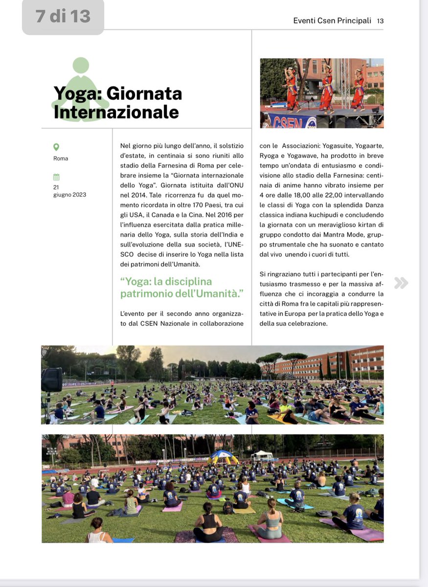 Articolo estratto da Csen News n.124 Yoga Day 21 Giugno 2023 Stadio della Farnesina di Roma. 
#yogadayroma
#yogaday2023
#internationalyogaday2023
#csennazionale
#csendelegazionenazionale