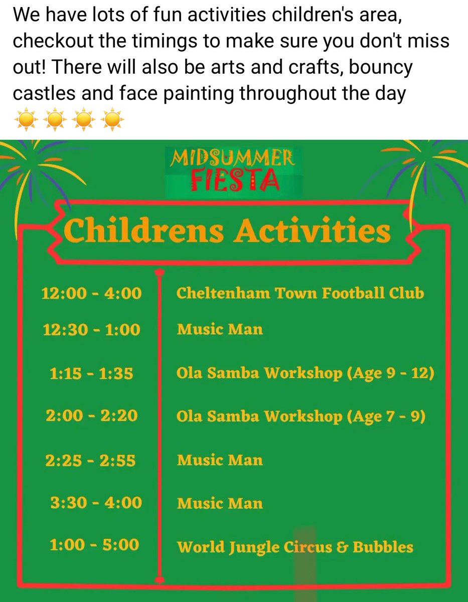 MidsummerFiesta's tweet image. Here are the timings for the children’s village at Midsummer Fiesta, Sat 15 July, Montpellier Gardens