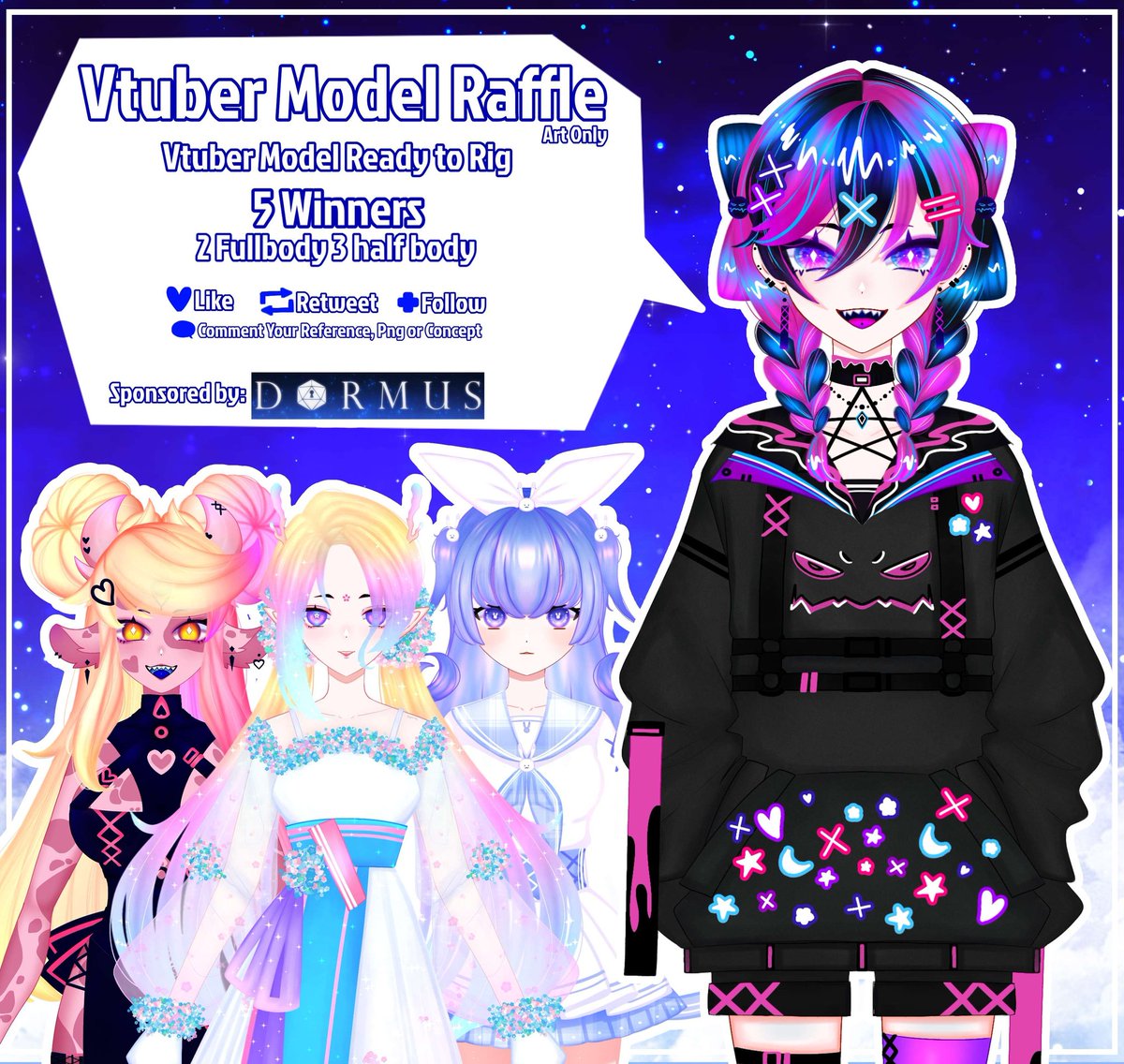 KatKatia3's tweet image. ✨️VTUBER MODEL RAFFLE GIVE AWAY✨️

✨️5 WINNERS
✨️End at August 10

How to join:

💙Follow
@. Me
@an_zimah
@rhyme_asukabe

💙Like 

💙retweet

💙(Option) comment your ref/png/concept!

This giveaway sponsored by: @DormusOfficial

#Vtubers #VTuberUprising #Live2D #Vtuber