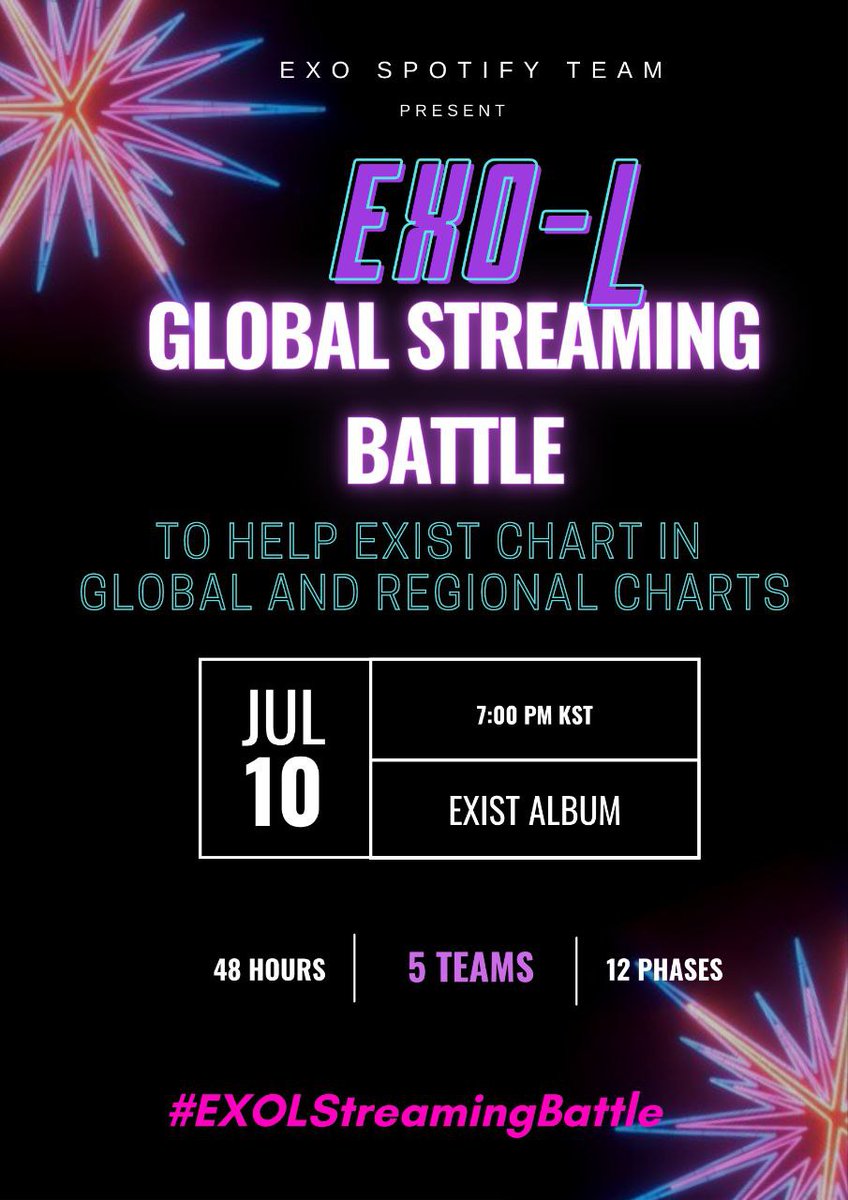 EXOspotifyTeam's tweet photo. 📢 ANNOUNCEMENT 

EXIST album to be released in 25 hours. To help EXIST chart in Spotify Global and Regional Charts, we present

✨️ EXO-L Global Streaming Battle ✨️

We will have 5 teams based on region. Please check the posters below. Our other details are coming soon.

#EXO_EXIST #EXO_CreamSoda
#EXOLStreamingBattle @weareoneEXO