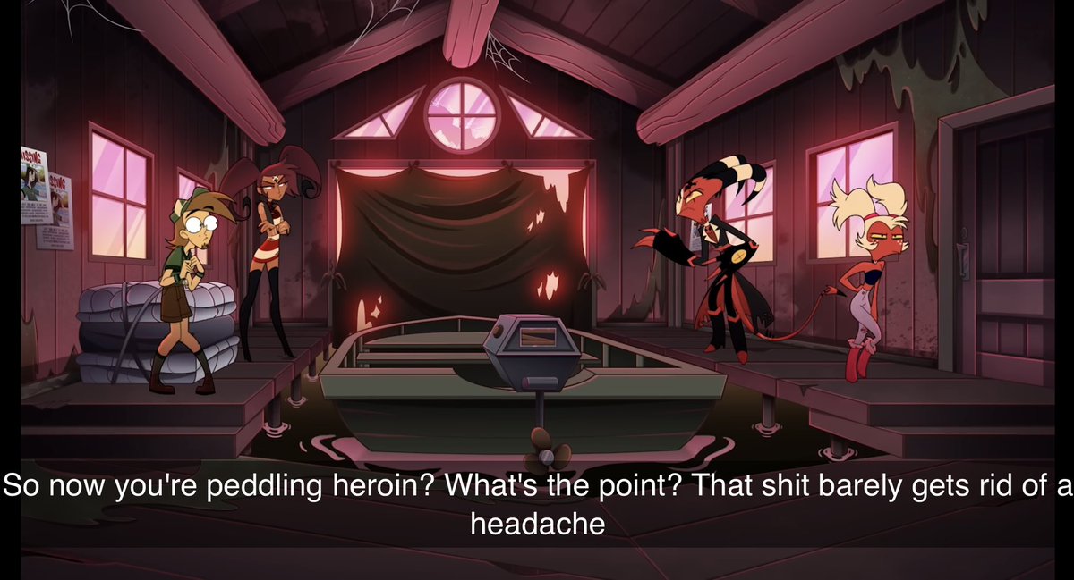 Violet12O's tweet photo. Interesting thought here 

Barbie’s job is to go the human realm to obtain drugs than bring them back to Hell. This is also viewed as honest work. 

Does this mean that Hell or the Pride ring doesn’t/can’t make drugs therefore rely on them being brought in from the living realm? https://t.co/LS7wIUdG88