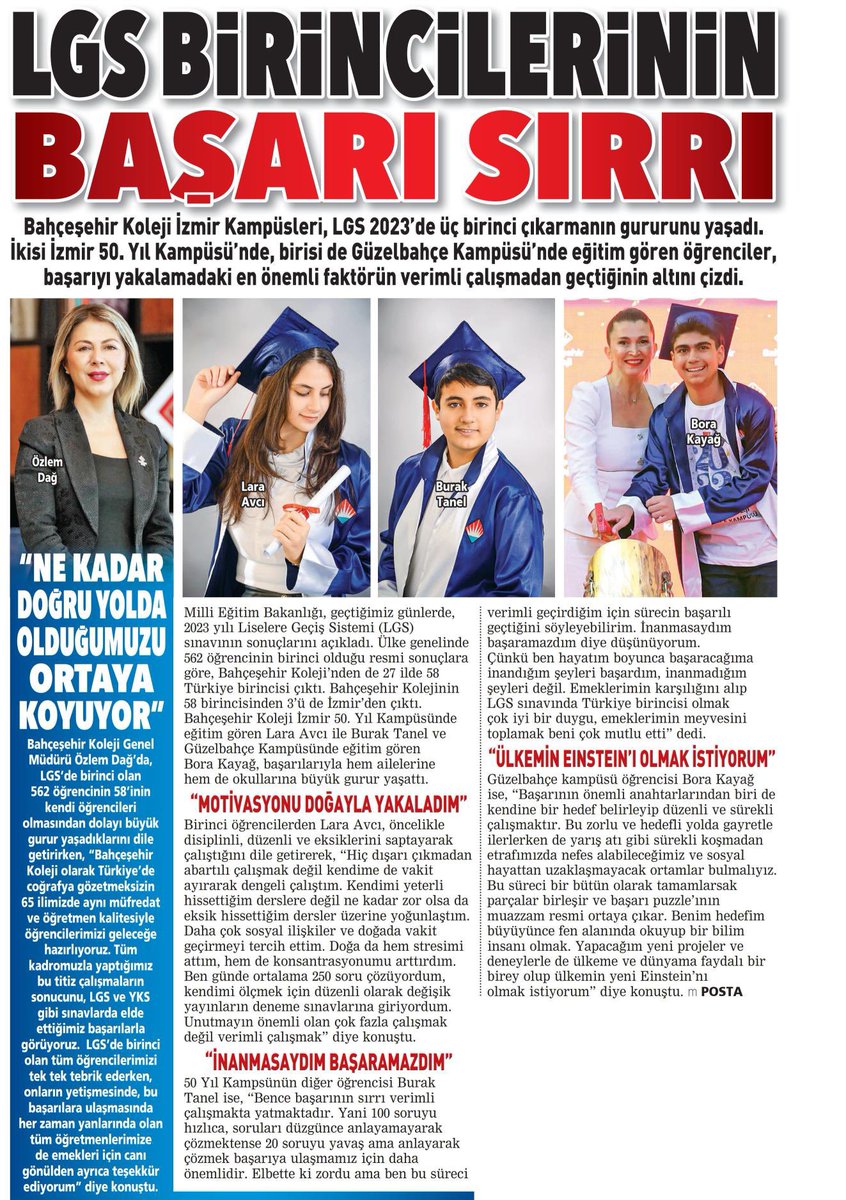 bahcesehir_k12's tweet photo. “LGS Birincilerinin Başarı Sırrı” - Posta İzmir

#bahçeşehirkoleji
#lgs2023 https://t.co/hdxqXmAlCC