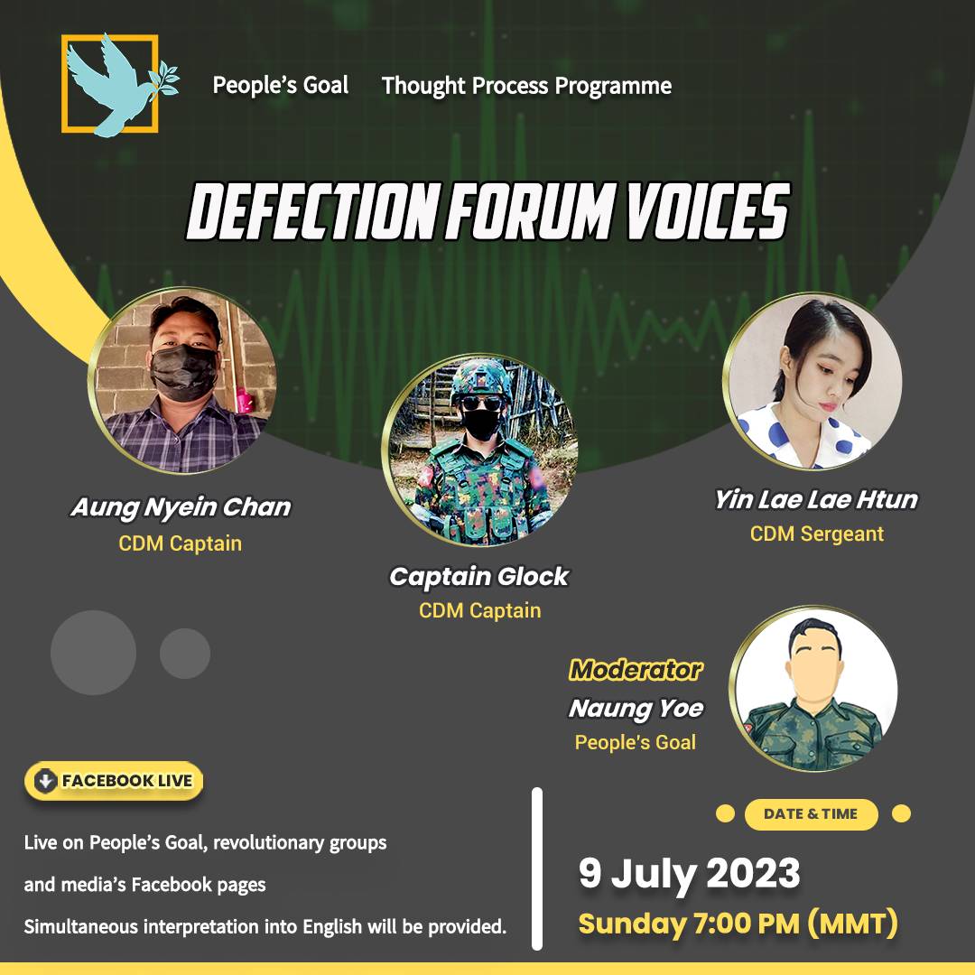 peoplesgoal2022's tweet image. 📢If you missed to attend 1st ever &quot;Defection &amp;amp; Defiance Forum&quot; in #Myanmar, do come listen the brief reflections of the forum by the participants tonight 7PM (MMT). Eng-Bur ✅

👉us06web.zoom.us/j/82621181539
Forum Statement -  #ThoughtProcessProgram
