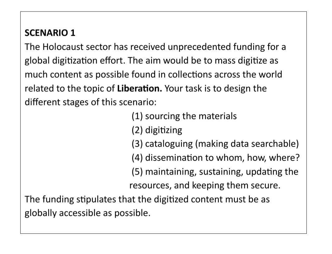 Holocaust_Digi's tweet image. Two groups, two different design problems ... how would you think through these scenarios related to #digital #Holocaust memory?
#digimus #digismems #digiarchive
#rememBARcamp 2023