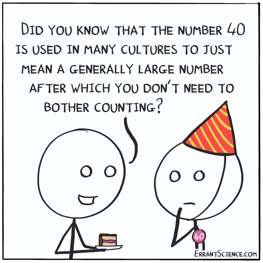 I'm glad that modern mathematics has moved on from such silly notions of 40 being just some 'large' number #Maths