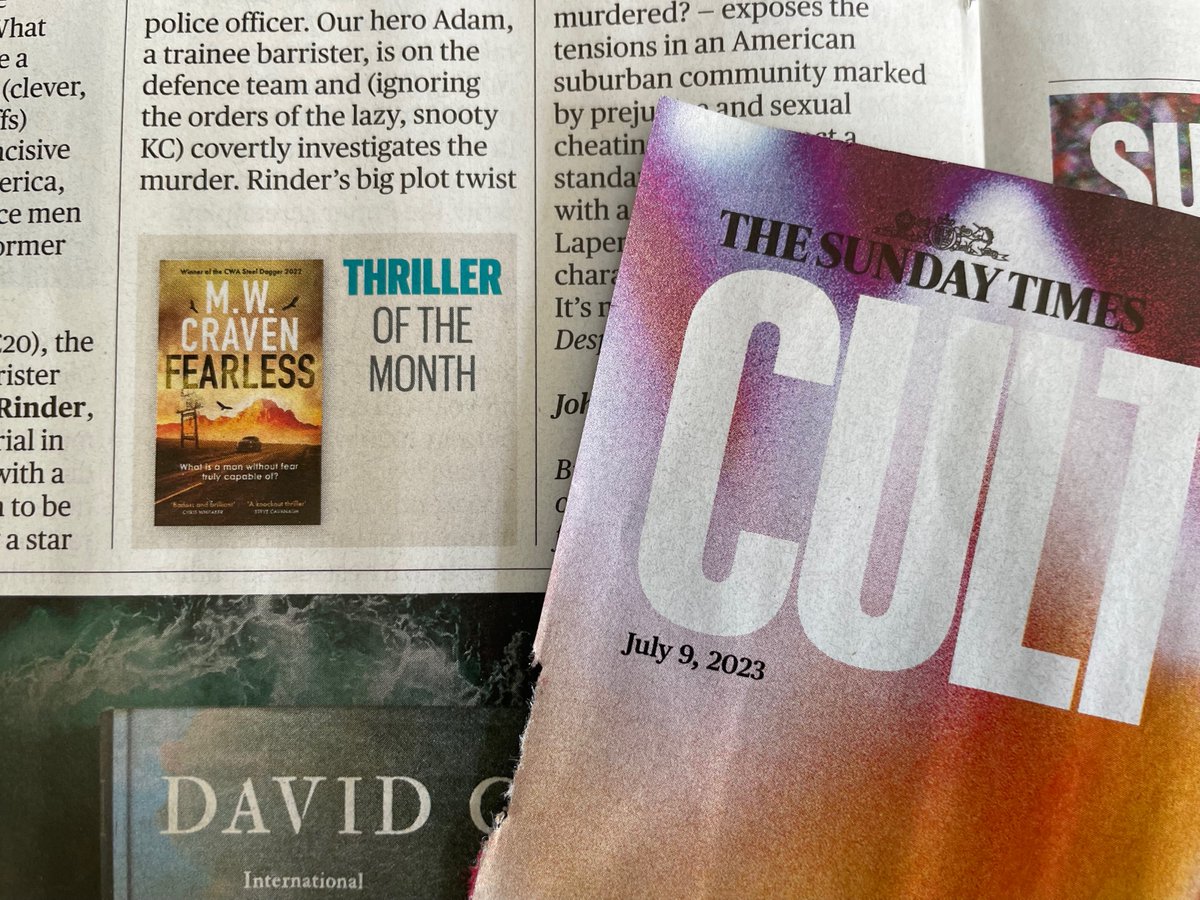 Fantastic. 'Fearless', the new crime novel from Carlisle's @MWCravenUK is 'Thriller of the Month' in The Sunday Times Culture section today. Huge congratulations. @FredsBookshop @westwood_books @VereyBooks @BookendsCarl #carlisle #book