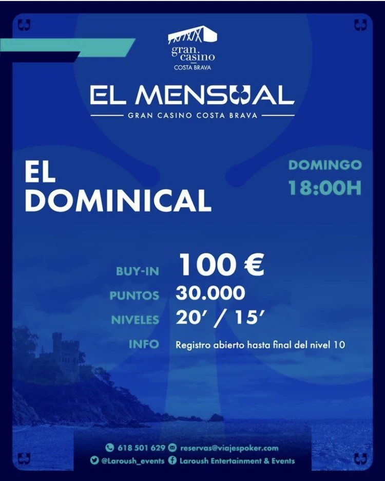 GranCasinoCB's tweet photo. ¡Participa en el Dominical de Laroush del mes de julio!

•Hora de inicio: 18h
•Buy in: 100€
•Puntos: 30.000
•Niveles: 20′ / 15′
•Registro abierto hasta final del nivel 10 https://t.co/O2JO4o3A74