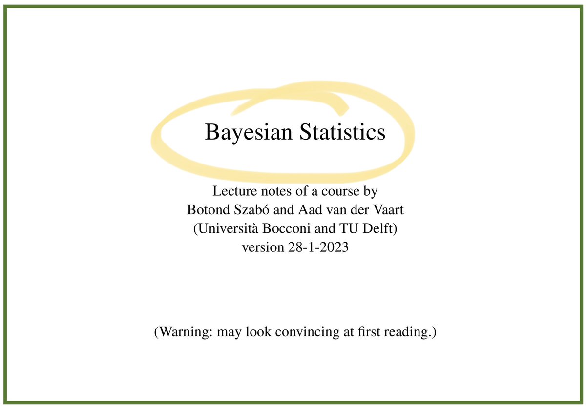 CavaliereGiu's tweet photo. Hi #EconTwitter!

Interested in 𝐁𝐚𝐲𝐞𝐬𝐢𝐚𝐧 𝐢𝐧𝐟𝐞𝐫𝐞𝐧𝐜𝐞 &amp; its applications in non-parametric stats? 📊

Check out Szabo &amp; van der Vaart's notes (2023) for a mathematically rigorous intro, starting from basics and then... skyrocketing! 🚀

Really cool stuff.

Have fun! https://t.co/TTtkGIslK0