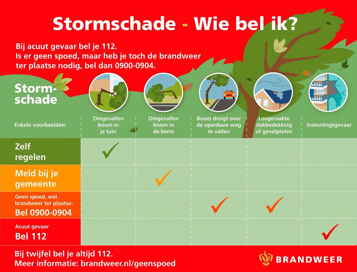 Vanaf 14.00 uur wordt code geel verwacht in onze regio. tinyurl.com/yc8dbepy Let op dat  bomen verzwakt kunnen zijn of loshangende takken hebben #stormpoly. Bel alleen 112 bij levensbedreigende situaties waarin elke seconde telt. Zo is 112 beschikbaar voor noodgevallen