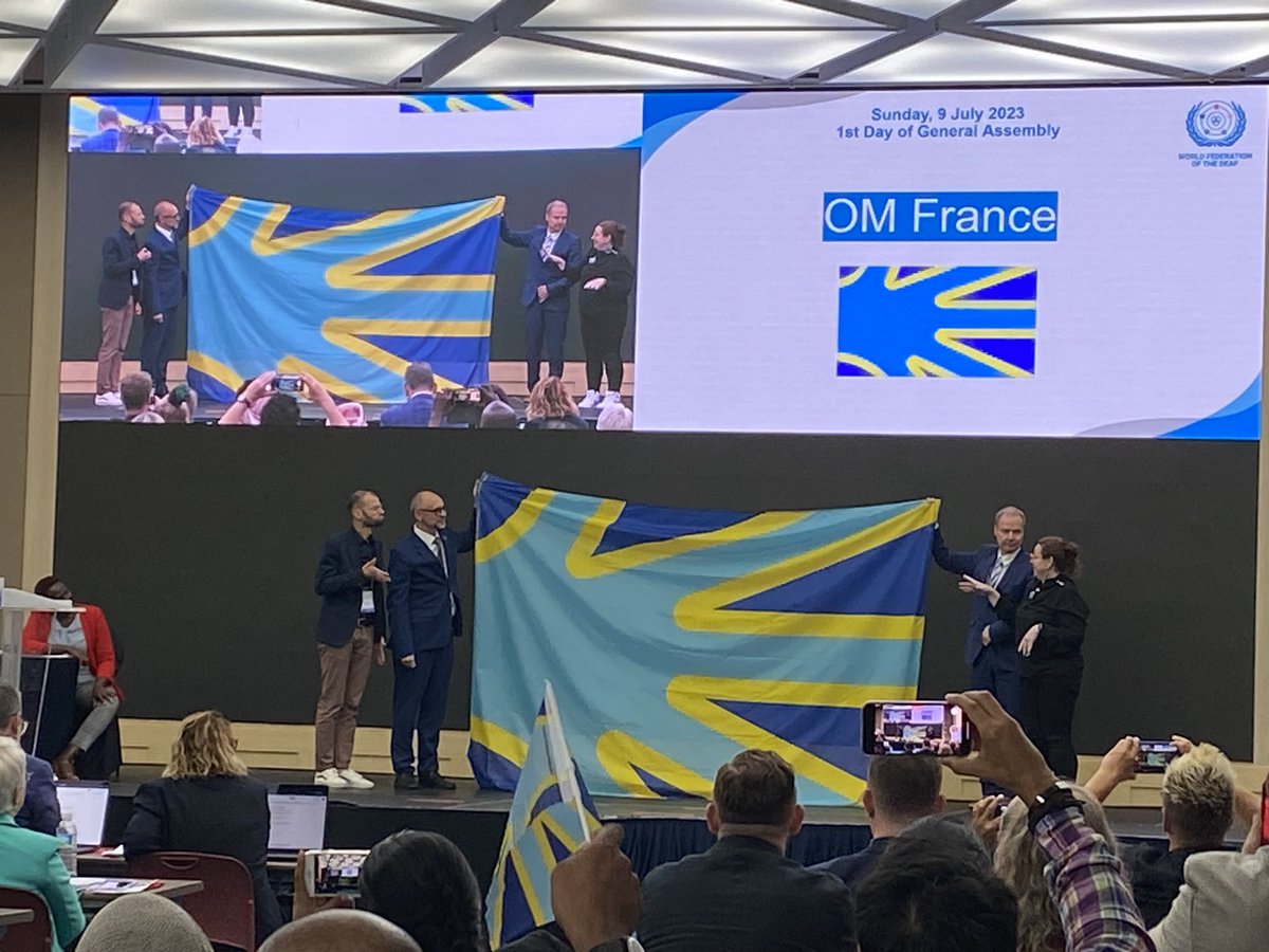 And here is the new world Deaf flag. It has been discussed at four General Assemblies of the @WFDeaf_org and was finally ratified today. Designed by a French deaf man Arnaud Ballard here it is at last!