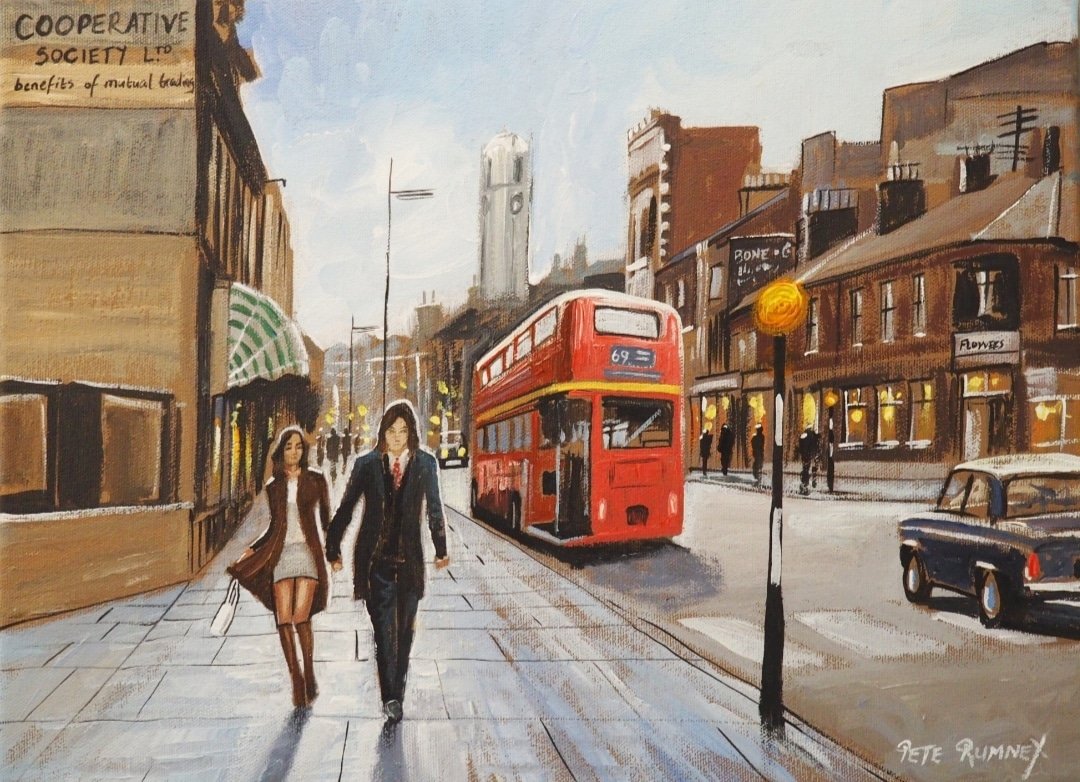 For this painting my customer provided a photograph of a street in the 60s and a photo of himself and his wife in the 60s. I then recreated what would be their first date all those years ago into a wonderful gift for his wife. Hope you like this one! #swingingsixties