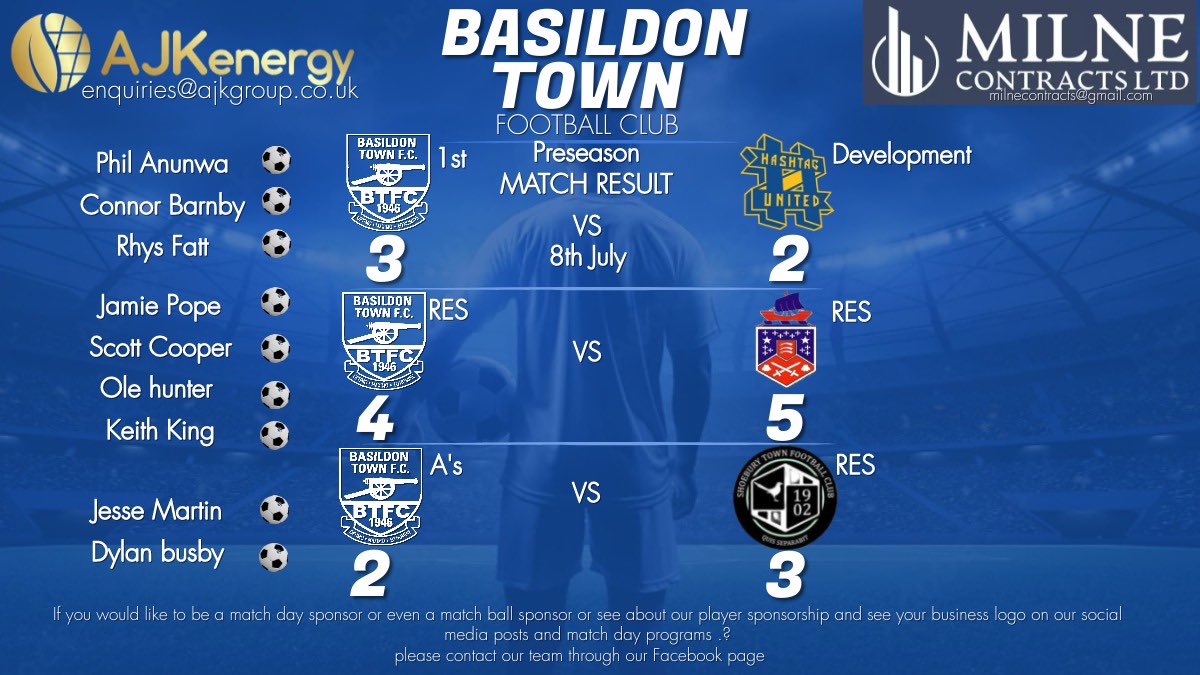 🔵⚪️ RESULTS ⚪️🔵

Goals galore in yesterday’s friendlies 

Thanks to <a href="/hashtagutd/">Hashtag United</a> @FC_Clacton &amp; <a href="/ShoeburyTownFC/">Shoebury Town FC ⬛⬜</a> for coming over and good luck with your season ahead