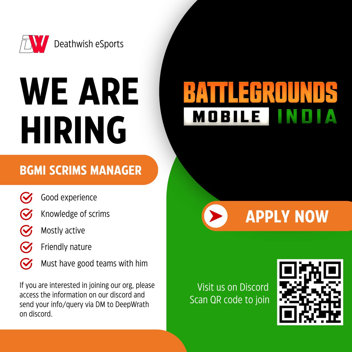 DWeSports29's tweet photo. ❤️DW eSports is recruiting BGMI SCRIMS MANAGER
🔥for more info you guyz can DM us and can reach us at our official discord server.
link - https://t.co/LxILYAxNaB

#bgmi #esports #viral #trending https://t.co/nbNAtWVuwy