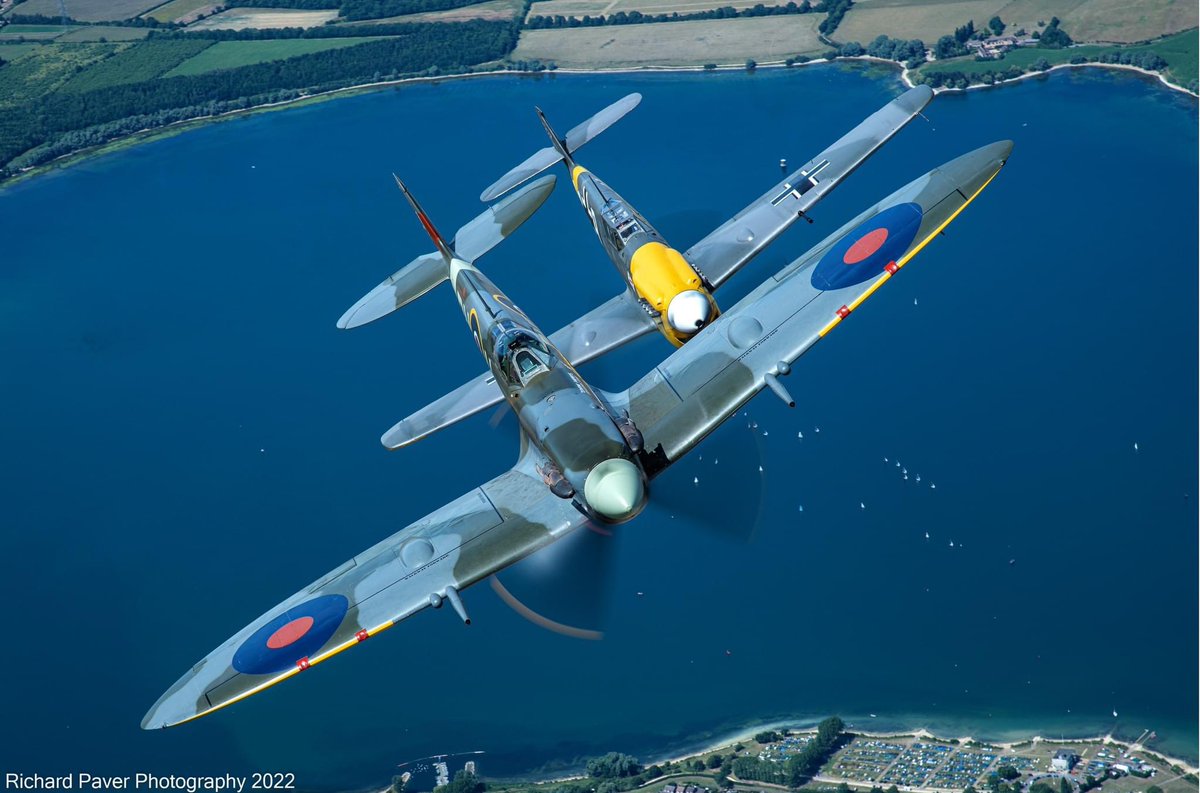 On this day last year, flying Spitfire Vc EE602 in formation with Nick Smith in Hispano Buchon C.4K-105 (painted as Messerschmitt Bf 109 ‘White 9’) Such a privilege! #OTD #spitfire #flying 📷: @RichardPaver