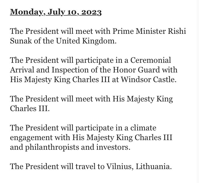 The President of the US <a href="/JoeBiden/">Joe Biden</a> will receive a ceremonial welcome when he arrives at Windsor Castle tomorrow. He will then “participate in a climate engagement with His Majesty King Charles III and philanthropists and investors”, the White House says.