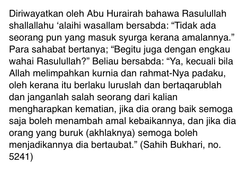 amalmnop's tweet photo. Rupanya masih ramai orang Islam yang tak faham bahawa kita masuk syurga bukan atas pahala amal ibadah kita, tetapi atas rahmat Allah.

Amal ibadah kita takkan mampu membayar kembali nikmat yang Allah dah beri kat dunia, apatah lagi sebagai tiket untuk ke syurga. https://t.co/d8Zbk68M4s