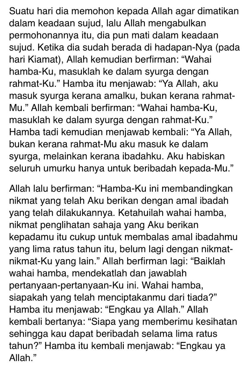 amalmnop's tweet photo. Rupanya masih ramai orang Islam yang tak faham bahawa kita masuk syurga bukan atas pahala amal ibadah kita, tetapi atas rahmat Allah.

Amal ibadah kita takkan mampu membayar kembali nikmat yang Allah dah beri kat dunia, apatah lagi sebagai tiket untuk ke syurga. https://t.co/d8Zbk68M4s
