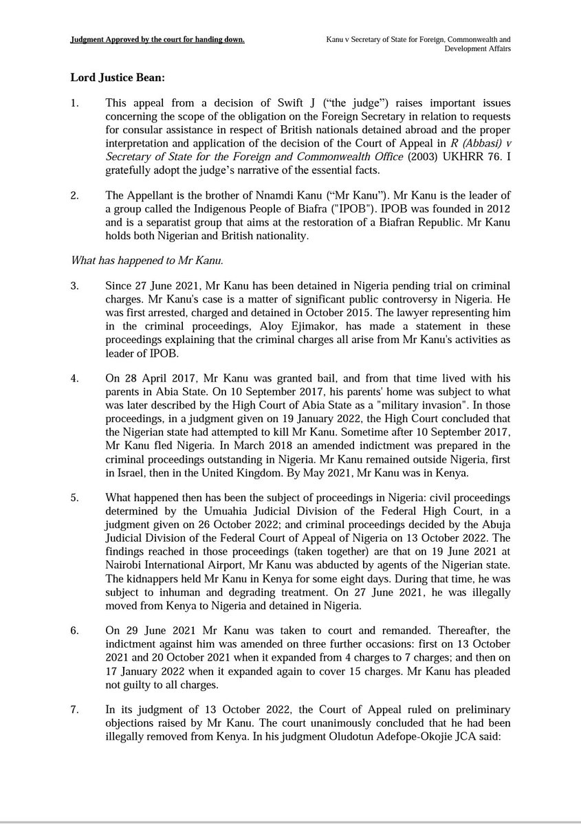 ipob_central's tweet photo. KANU VS SECRETARY OF STATE 

40. Turning finally to procedural fairness, I do not consider that this ground adds anything to the Appellant’s case. 

The only reference to procedural matters in Abbasi is at [105], where the court said that in some cases the Secretary of State might reasonably be expected to state the result of considering a request for assistance, but in others, it would not; and likewise in whether to give reasons for his decision. 

Here the Respondent has given information about the steps which have been taken on Mr Kanu’s behalf and has explained why he is unwilling to make public statements. The real complaint in this case is substantive (refusal to reach a firm view) rather than procedural.  

41. To adopt the phrase used by Lord Phillips MR in Abbasi, I have deep concern about the treatment of Mr Kanu. Nevertheless, for the reasons I have given, I would dismiss the appeal. Lord Justice Coulson: 

42. I agree.
---------------------
Me:  I Disagree.

The British government must safeguard its citizens at home and abroad, and this duty should not be contingent upon the oppressors reaching any conclusions.

 It is evident that Mazi Nnamdi Kanu was forcefully kidnapped, and it is the inherent right of any kidnapped individual to regain their freedom unconditionally. 

Permitting the captor to retain control over the situation is akin to condoning the very act of the crime. Therefore, the British government must take all necessary measures to recover Mazi Nnamdi Kanu.

@real_IpobDOS @ChinasaNworu 
@freemovementlaw @BindmansLLP 
@BNN_Breaking @AnyaoraChukwu 
@EmekaGift100 @agbanyim1 
@AmnestyNigeria @democracynow 
@mehdirhasan @AdamWagner1 @SamFowles @FCDOGovUK
@libertyhq @UKParliament @AgnesCallamard @Conservatives 
@labour @theSNP @sinnfeinireland 
@HarrietHarman @Keir_Starmer 
@DavidAltonHL @ElochukwuOhagi 
@HammerOfGod_ @OformaParadise 
@oluchristty 

#FreeMaziNnamdiKanu