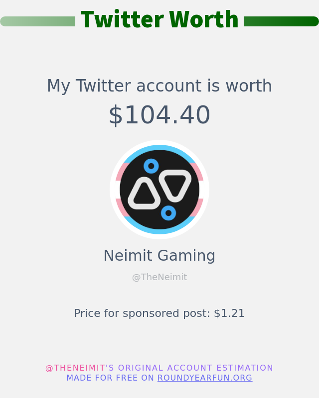 TheNeimit's tweet photo. My Twitter worth is: $104.40

➡️ https://t.co/zF4jl4Ckgv https://t.co/lwfljR397w