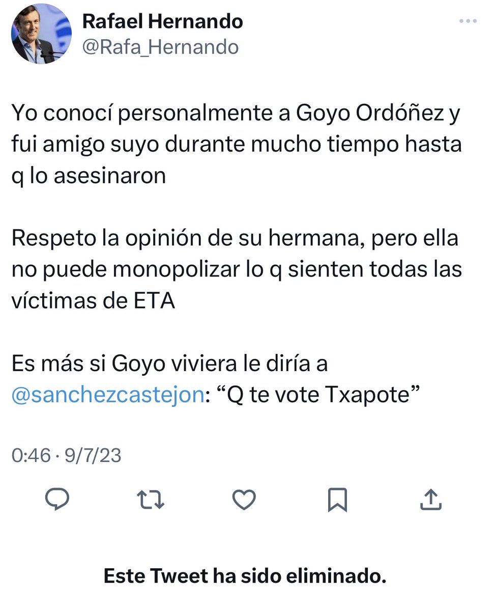 Consuelo Ordóñez (@consuorf) on Twitter photo Para ser tan amigo en estos 28 años no te he conocido. Lo que es obvio es que no aprendiste nada de él.
No hay peor inmundicia que la de aquellos que os atrevéis a decir lo que pensaría Goyo si estuviera vivo.
Ni su propia familia lo hemos hecho jamás.
<a href="/Rafa_Hernando/">Rafael Hernando</a> Para ser tan amigo en estos 28 años no te he conocido. Lo que es obvio es que no aprendiste nada de él.
No hay peor inmundicia que la de aquellos que os atrevéis a decir lo que pensaría Goyo si estuviera vivo.
Ni su propia familia lo hemos hecho jamás.
<a href="/Rafa_Hernando/">Rafael Hernando</a>