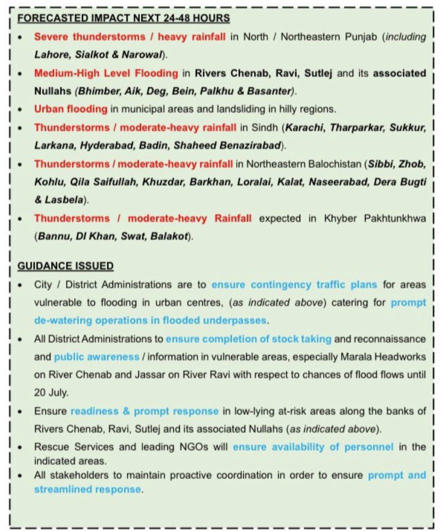 Forecast of rain impacts in the 24-48 hours in Pakistan. The highest amount of rainfall will be in Punjab’s cities like Lahore, Narowal, Sialkot. Other provinces have been alerted too for heavy to moderate rain. Urban flooding alerts issued for cities and municipal areas with