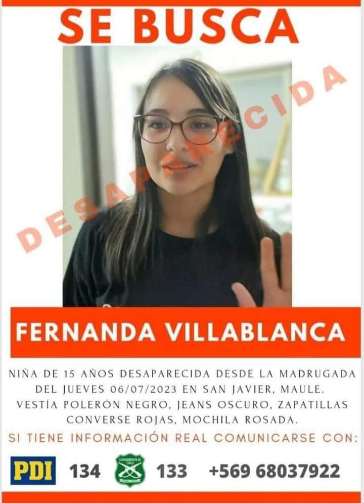 La_Super_Radio's tweet photo. ATENCIÓN: Fernanda Villablanca,  15 años, desparecida desde la madrugada del jueves 06 de julio 2023, comuna San Javier, región del #Maule.

👉Vestía poleron negro 
👖Jeans oscuro
👟 Zapatillas converse rojas
🎒 mochila rosada

@Personaschile @Carabdechile @PDI_CHILE https://t.co/vXXl4VsjQ7
