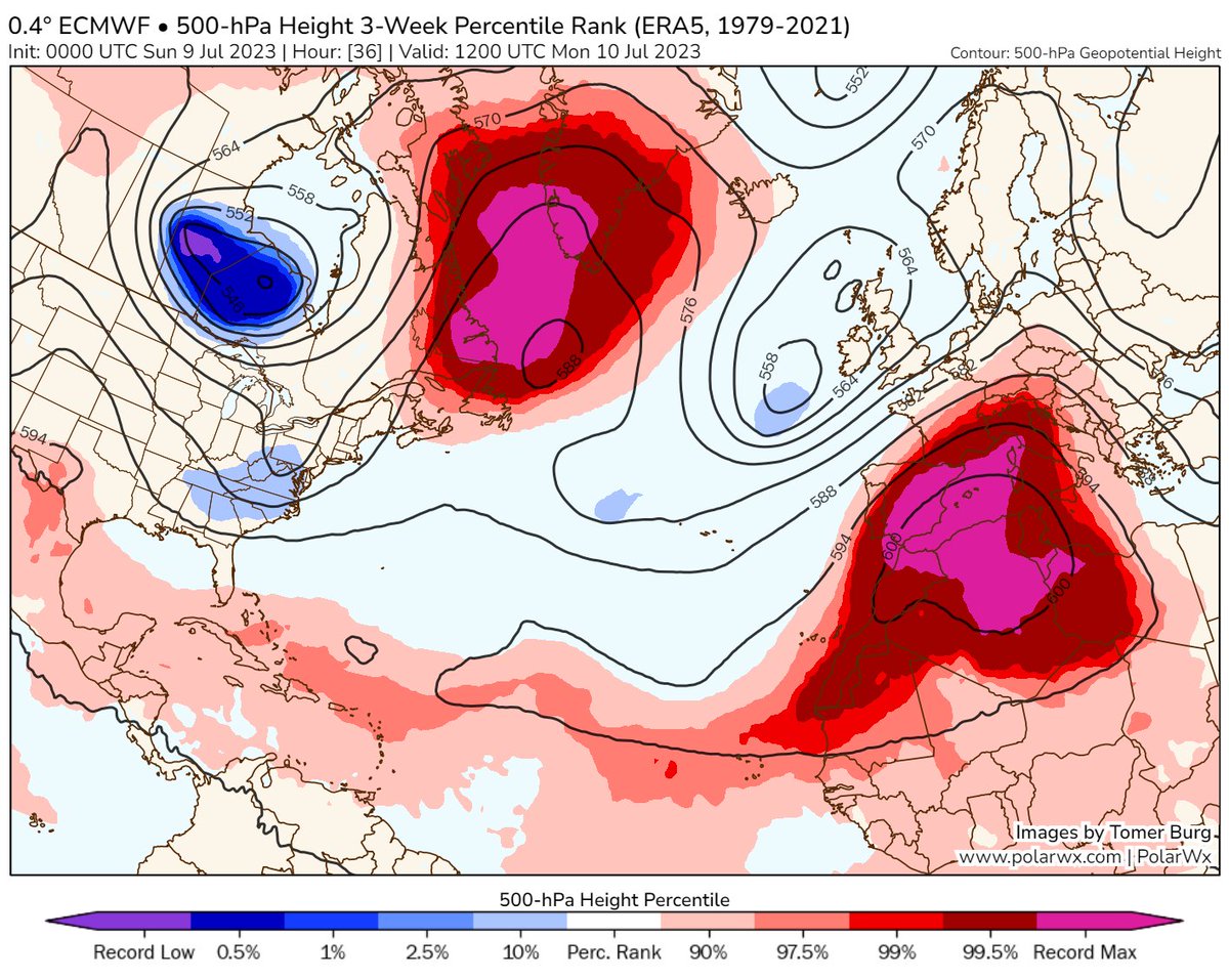 glezjuanje's tweet image. Atención a esta configuración de la circulación atmosférica que vamos a tener en las próximas horas:😳👇

Un patrón de vaguadas y dorsales desde Canadá hasta el Mediterráneo, donde las dos dorsales son ampliamente de récord!

Cada verano nos sorprende más.