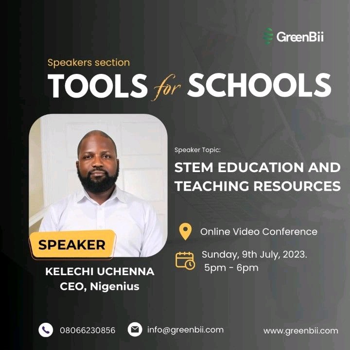 Our CEO/Co-founder @signtoxic will speaking virtually on STEM Education & Teaching Resources today by 5pm, 9th July 2023 at  @greenbiitech Tools for Schools event.

See you there! 

#Coding #robotics #steamfest #nigenius #kidcoder #summercampisland #summercampforkids #codingcente