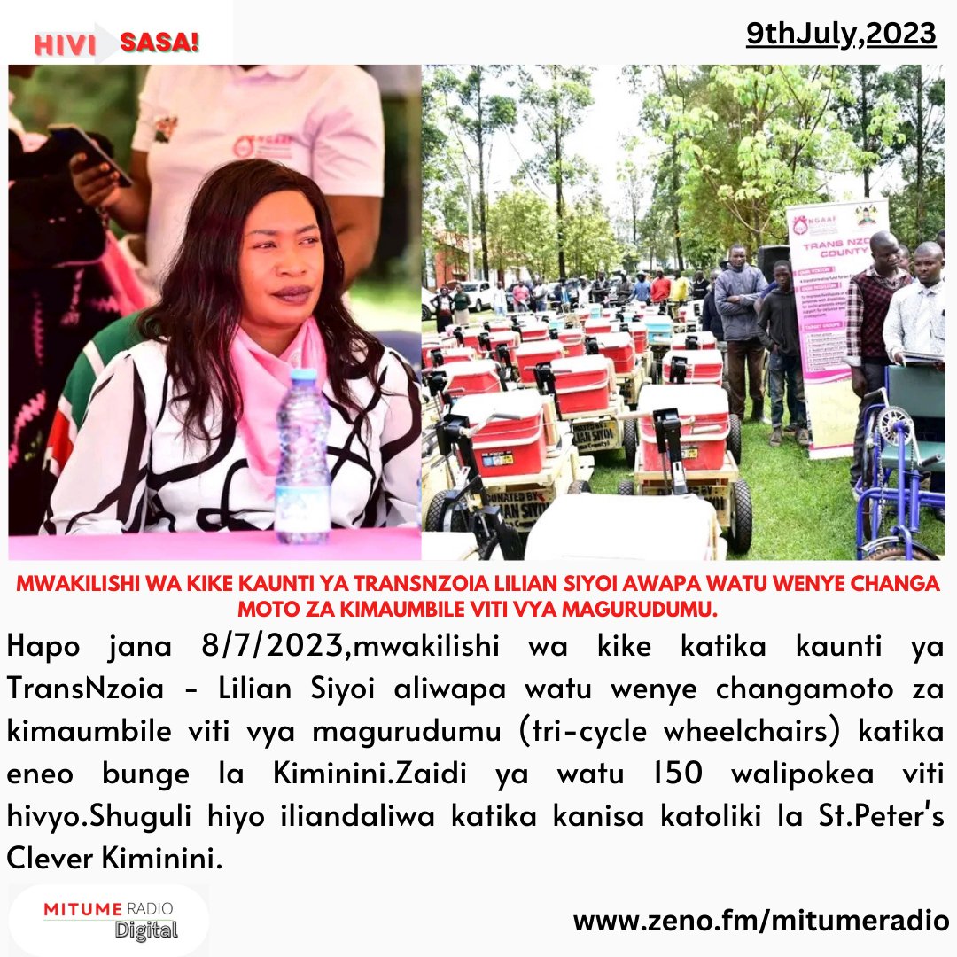 MWAKILISHI WA KIKE KAUNTI YA TRANSNZOIA LILIAN SIYOI AWAPA WATU WENYE CHANGAMOTO ZA KIMAUMBILE VITI VYA MAGURUDUMU.

9/7/2023.

#HiviSasa.

zeno.fm/mitumeradio