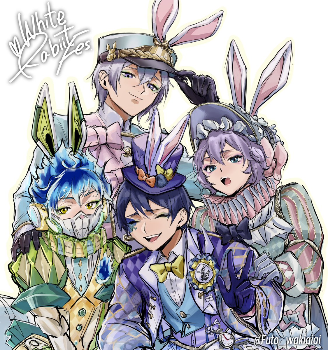 multiple boys animal ears hat rabbit ears purple hair watch gloves  illustration images