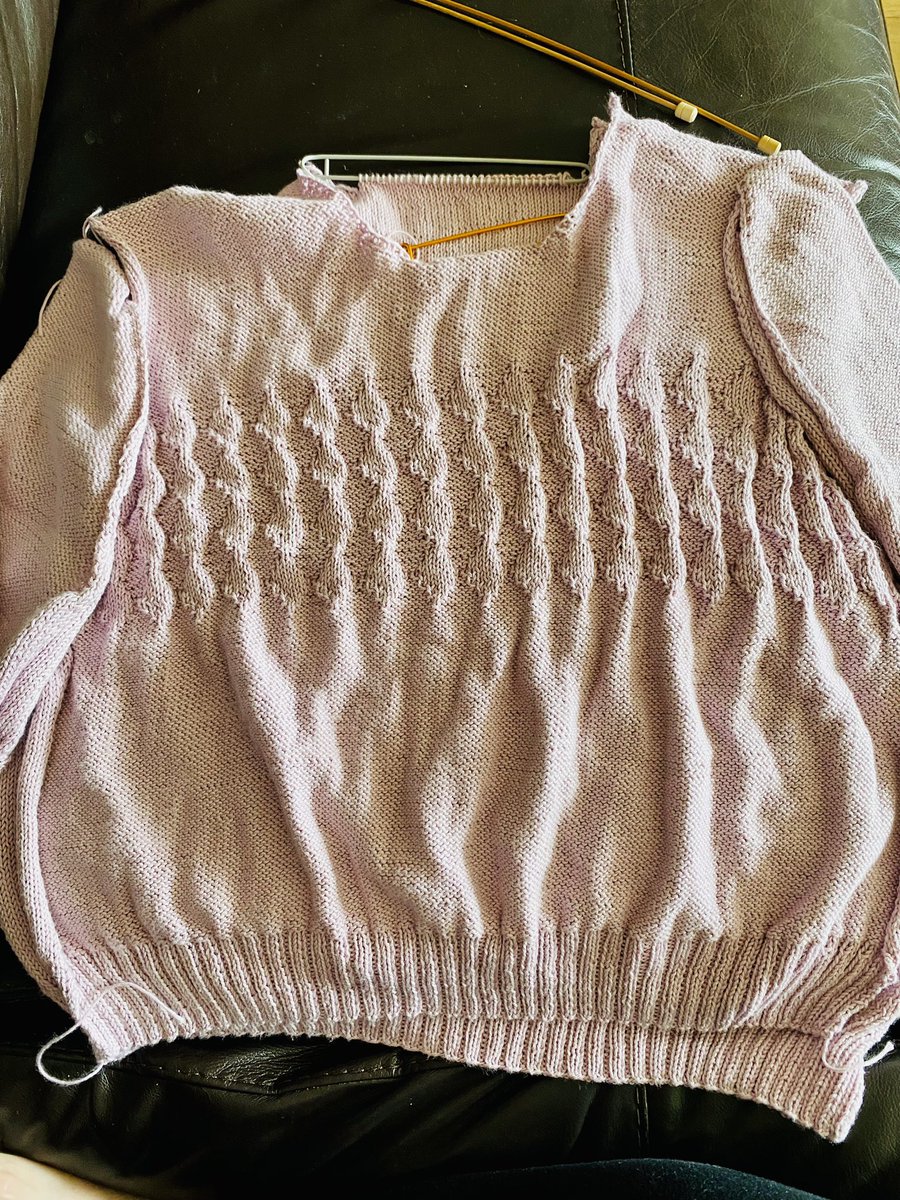 KnitWit78's tweet photo. By the power of Greyskull I will finish thing today. Even if I have to take the neckline apart and re-pick up and knit it. Again. #knittingtwitter https://t.co/399SZPfXpo