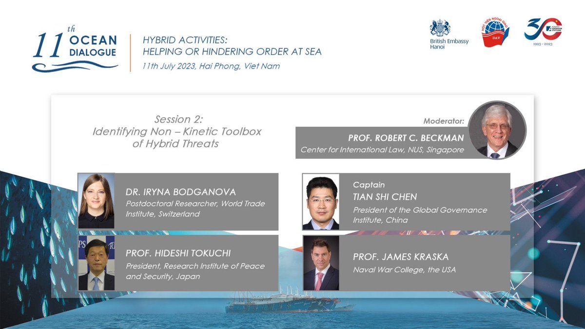 Scs_Connect's tweet photo. The 2nd Session of the 11th Ocean Dialogue #OD11 will try to identify non-kinetic techniques (such as economic, information warfare or lawfare, etc.) which can be used in hybrid warfare &amp; grey zone operations. Join us here: https://t.co/SLhNI1huFA https://t.co/xZxcl29SPq