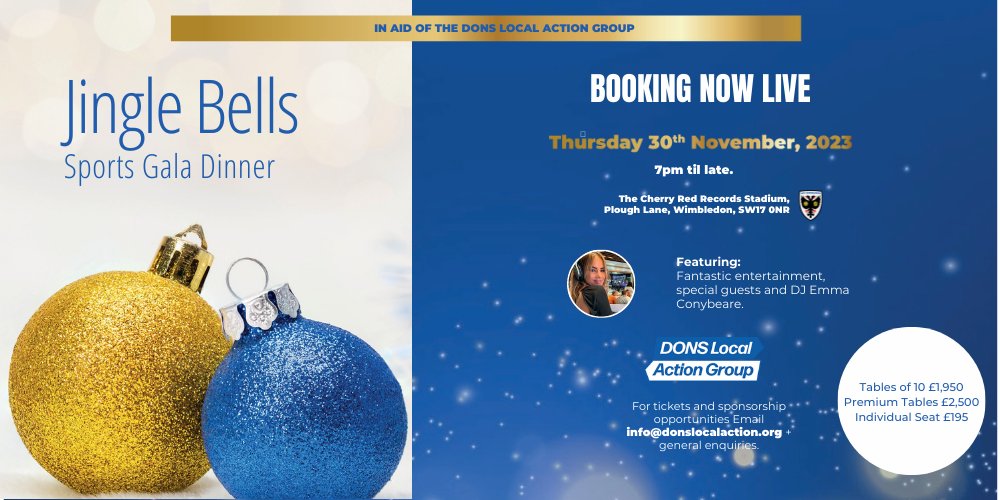 Dons Local Action Group (@donslocalaction) on Twitter photo ANOUNCEMENT - 1st Jingle Bells Sports Ball in aid of <a href="/DonsLocalAction/">Dons Local Action Group</a>. Kicking off the #Christmas social period at the home of <a href="/AFCWimbledon/">AFC Wimbledon</a>, the event will be crammed full of entertainment and all for a great cause. BOOK NOW and please share. info@donslocalaction.org ANOUNCEMENT - 1st Jingle Bells Sports Ball in aid of <a href="/DonsLocalAction/">Dons Local Action Group</a>. Kicking off the #Christmas social period at the home of <a href="/AFCWimbledon/">AFC Wimbledon</a>, the event will be crammed full of entertainment and all for a great cause. BOOK NOW and please share. info@donslocalaction.org
