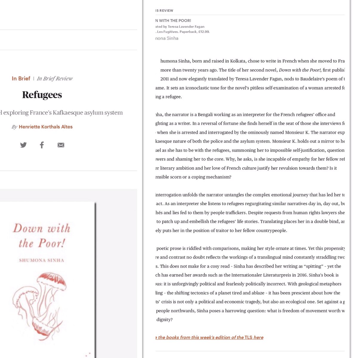 ShumonaSinha's tweet photo. Absolument ravie de cette superbe review dans Times Literary Supplement de #DownWithThePoor #AssommonsLesPauvres
Thanks a million to my fantastic translator Teresa Fagan, @LesFugitives and @TheTLS 🙏🏾✨ https://t.co/lEfmqNp2BA
