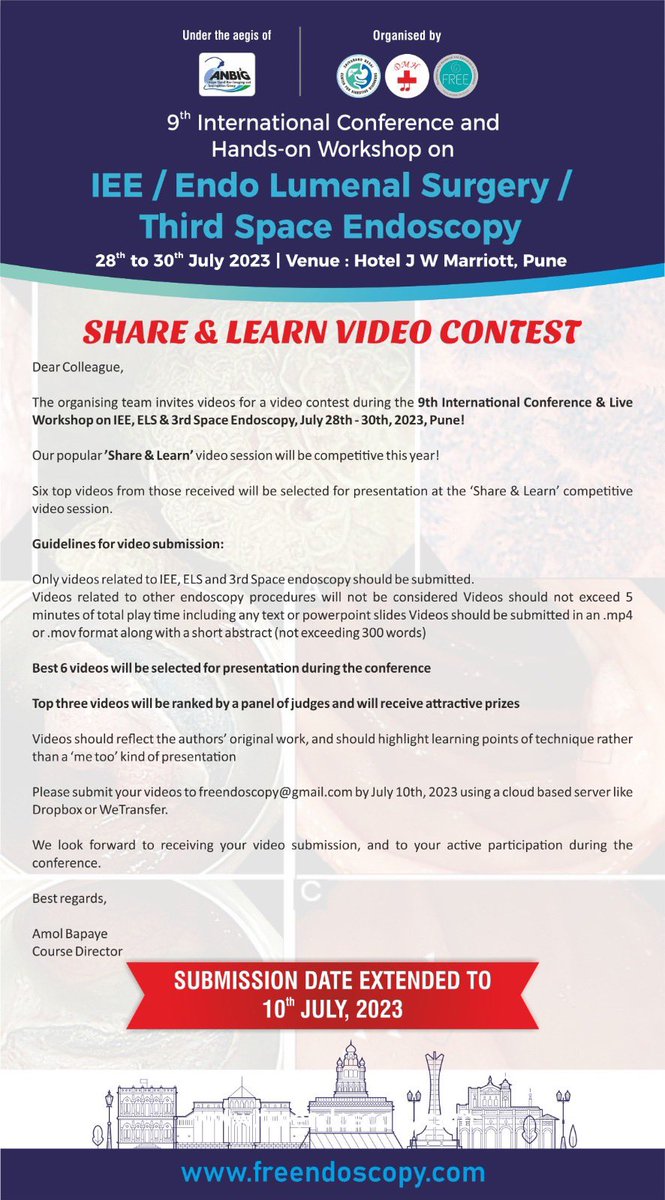 FREEndoscopy's tweet photo. Have you registered &amp; submitted your video? 
Biggest 3rd Space Endoscopy event is round the corner! 
Last date of submission - July 10th! 
Register at https://t.co/Tqm2vJVnBa or contact on +919921533381 / freendoscopy@gmail.com  
Submit your video at freendoscopy@gmail.com https://t.co/OnaB4y6kJQ