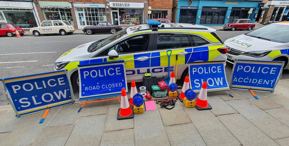 Almost everything that fits in a Patrol Car... Not much has changed since the Austin Westminster in 1966. Join us today in #Reigate, come & see what we mean. We also have some crime prevention leaflets, anti-burglary wheelie bin stickers & some security kits. #ReigateTunnel200