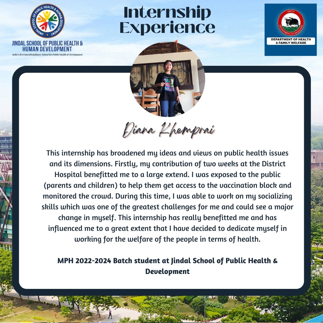 Meet our industry ready MPH student, Ms. Diana, sharing her internship experience with the Department of Health &amp; Family Welfare, Dimapur, Nagaland.

MPH 2022-2024
#jgu #jsph #mph #jindalite #publichealth #internship #humandevelopment #fieldwork
