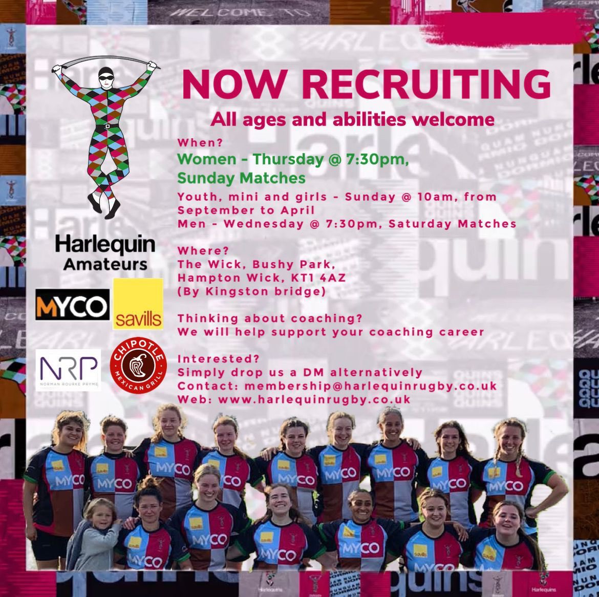 🃏Ever wanted to wear the famous four quarters? Well now you can! Harlequin Amateurs Women are recruiting! Whether you are looking to get fit, learn a new sport, find a new team or just meet like minded people Quins Ams is club to be at! #harlequins #rugby #thisgirlcan