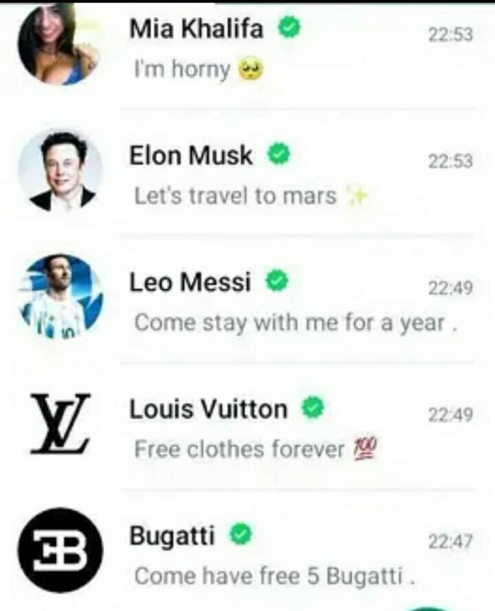 Sheikh_Hasina_'s tweet photo. You can only choose one 

#miakhalifaِ #ElonMusk #leomessi #LouisVuitton  #Bugatti https://t.co/wa3BXTcVPE