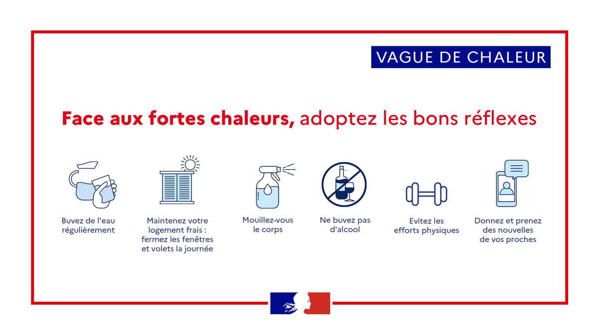 🟡🌡 #VigilanceJaune #canicule

<a href="/meteofrance/">Météo-France</a> a placé le département au niveau de vigilance JAUNE CANICULE. 

👉 Soyez attentifs et adoptez les bons réflexes, en particulier les spectateurs du #TourdeFrance2023
✅️Hydratez vous régulièrement, couvrez-vous la tête, etc. ⬇️