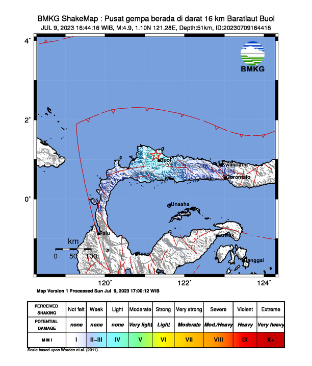 #Gempa (UPDATE) Mag:4.9, 09-Jul-23 16:44:16 WIB, Lok:1.10 LU, 121.28 BT (Pusat gempa berada di darat 16 km Baratlaut Buol), Kedlmn:51 Km Dirasakan (MMI) II-III Toli-Toli #BMKG