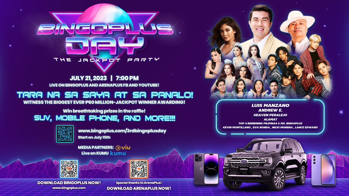 Bingoplusph's tweet photo. BINGOPLUS DAY: THE JACKPOT PARTY 💜

Ito na ang kaabang abang na party this 2023 dahil tripleng saya at papremyo ang nakaabang para sa inyo! Iba’t ibang performances ang ating masusubay-bayan, kaya tutok na sa darating na Hulyo 21, 2023!

#BingoPlus #BingoPlusApp #BingoPlusPH https://t.co/iCeOLyool6