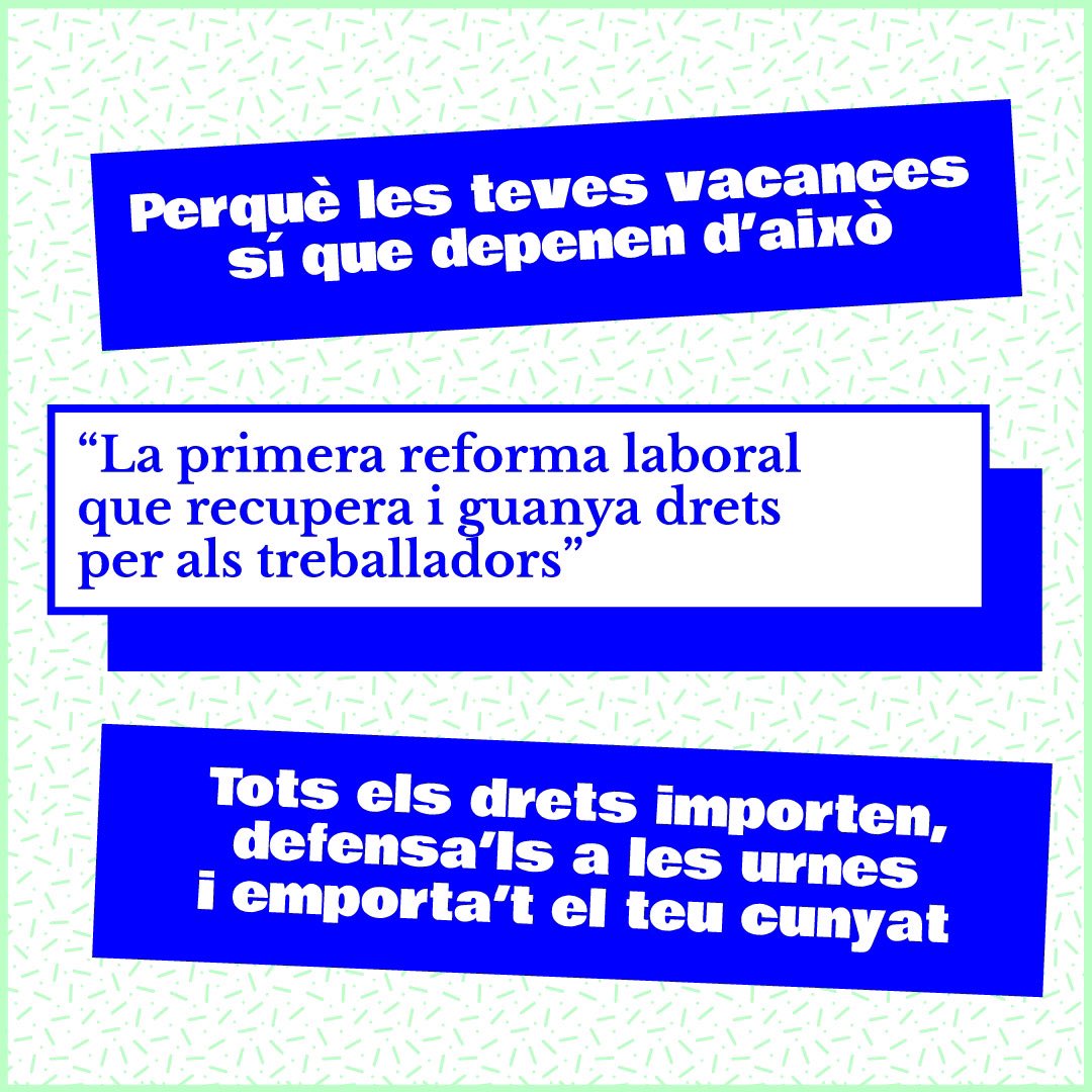 👀Saps que ha passat més d’un any des de l’aprovació de la reforma laboral? Pensa en 5 amigues a les que hagin fet indefinides i envia’ls aquest missatge perquè s’apuntin a la campanya #MultiplicaElTeuVot 
Segueix teixint xarxes de democràcia a vota23j.org  🧶