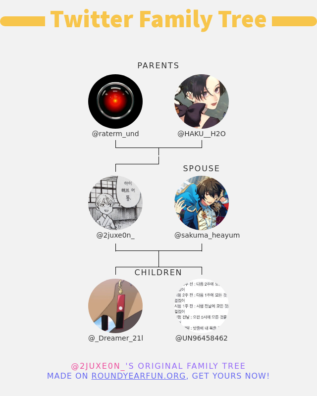 👨‍👩‍👧‍👦 My Twitter Family:
👫 Parents: <a href="/raterm_und/">독재자</a> <a href="/HAKU__H2O/">콩물🥛</a>
👰 Spouse: <a href="/sakuma_heayum/">계옮했습니다. 편하게 썰어주세요</a>
👶 Children: <a href="/_Dreamer_21l/">_드림</a> @UN96458462

➡️ funtwitter.games/twitterfamily?…