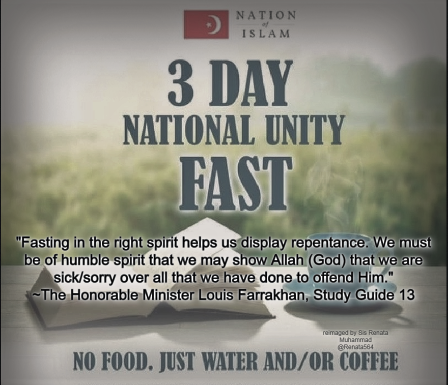 Renata564's tweet image. Day 3  
It's not too late to fast today!

“O you who believe, fasting is prescribed for you, as it was prescribed for those before you, so that you may guard against evil.” Holy Qur’an, Surah 2:183

Enjoy your evening meal!

#NOI #3DayFast #ElijahMuhammad #Farrakhan