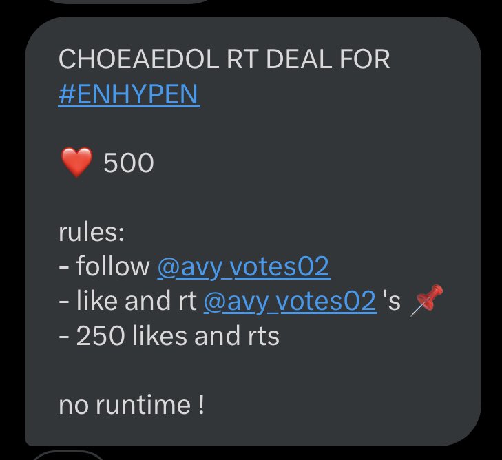 CHOEAEDOL RT DEAL FOR #ENHYPEN 

❤ 500 

rules:
- follow @avy_votes02 
- like and rt @avy_votes02 's 📌
- 250 likes and rts

no runtime ! | let's finish this asap! #ENFuelUp #ENVOOSTERS