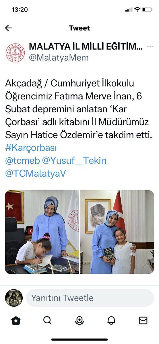 Sn Malatya il milli eğitim müdürümüz Hatice Özdemir’ e teşekkürler. ❤️